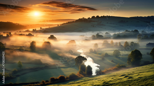 Misty sunrise over the English countryside #708389431