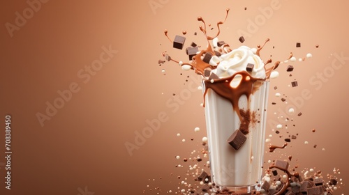Tasty chocolate milkshake topped with cream  with splashes.
