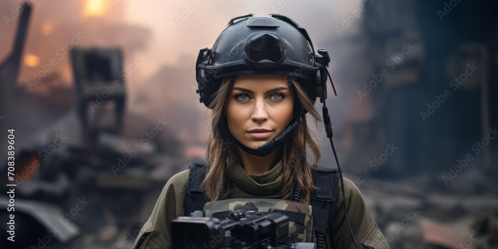A female military correspondent in a helmet and bulletproof vest is reporting from the scene, telling the news about the war against the background of destroyed buildings. A female military correspondent in a helmet and bulletproof vest is reporting from the scene, telling the news about the war against the background of destroyed buildings.