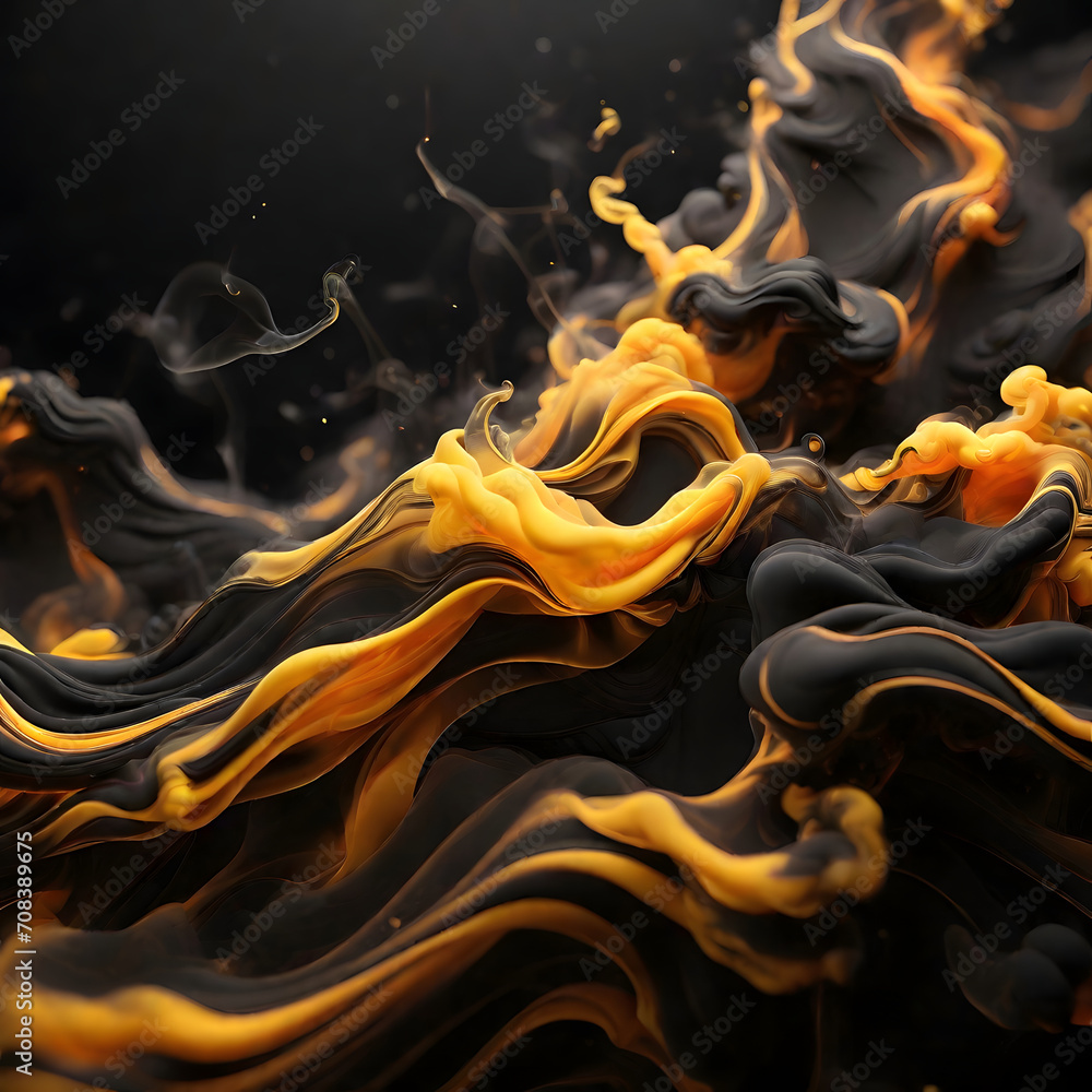 Abstract black and orange paint splash on black background. 3d rendering
