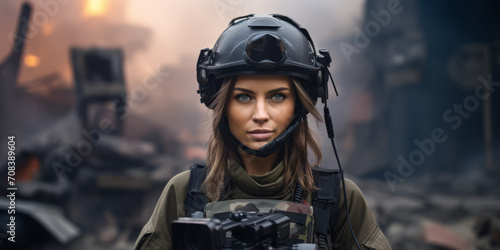 A female military correspondent in a helmet and bulletproof vest is reporting from the scene, telling the news about the war against the background of destroyed buildings.
