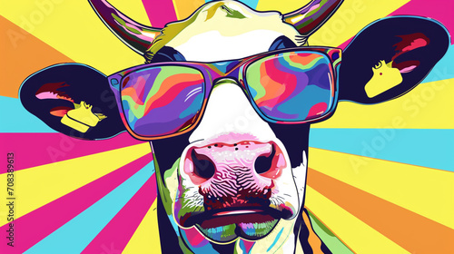 Wow pop art cow face. Cow with colorful glasses pop art background. Animals characters	