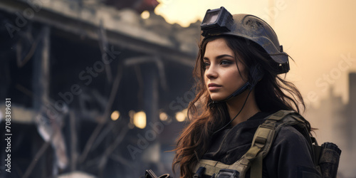 A female military correspondent in a helmet and bulletproof vest is reporting from the scene, telling the news against the background of destroyed buildings.