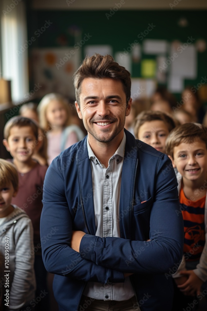 Obraz premium Happy teacher standing with arms crossed in front of a group of students