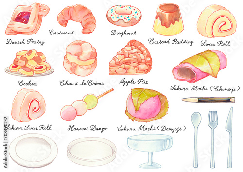 Wagashi & Teacakes illustration set. | Japanese sweets, Sakura sweets, Baked sweets, Tea time, Tea break. | Set of isolated objects.