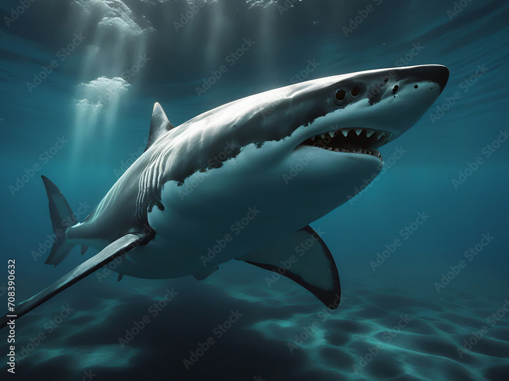 Great white shark in swimming the ocean. Blue hues and natural lighting from above surface water. Great white shark in swimming the ocean. Blue hues and natural lighting from above surface water.