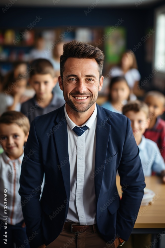 Happy male teacher with elementary students in background Happy male teacher with elementary students in background