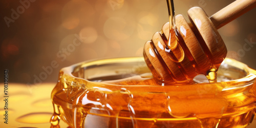 transparent amber honey is poured into a glass jar on a blurred background with a bokeh. photo