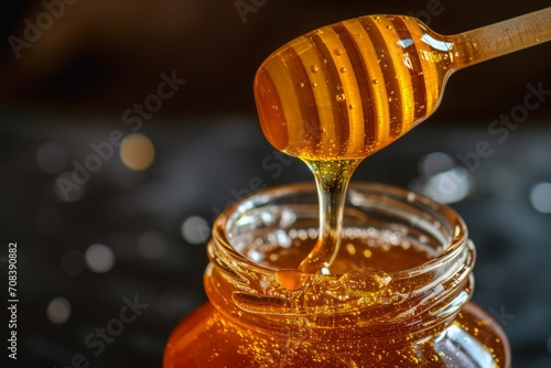 transparent amber honey is poured into a glass jar on a blurred background with a bokeh.