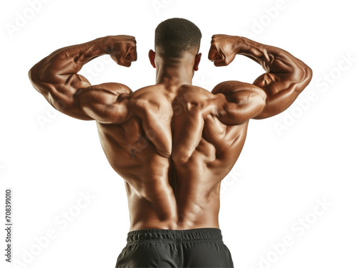 A fit man showcasing his muscular back on transparent background.