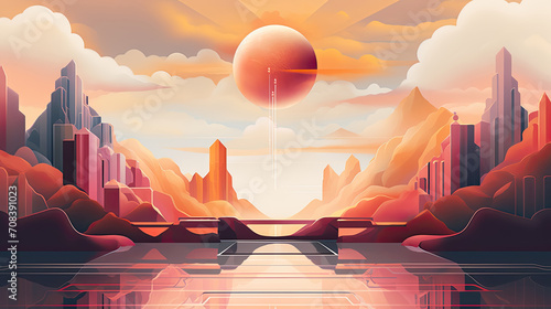 Geometric abstraction illustration of a futuristic city of the future at sunset. The concept of an unusual utopia or an alternative reality photo