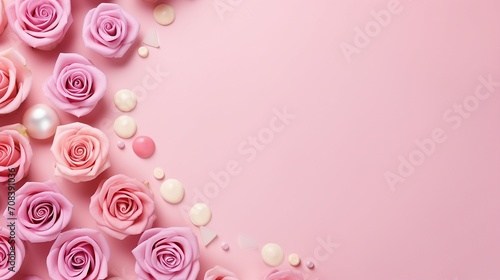 Captivating Mother's Day Concept: Top View of Love and Celebration with Small Roses, Hearts, and Sprinkles on a Pastel Pink Background - Perfect for Greeting Cards and Emotional Designs! © Spear