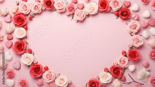 Captivating Mother's Day Concept: Top View of Love and Celebration with Small Roses, Hearts, and Sprinkles on a Pastel Pink Background - Perfect for Greeting Cards and Emotional Designs!