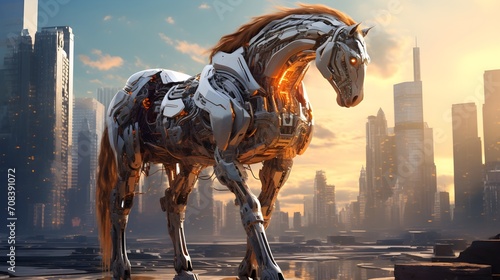 Futuristic Equine Explorer: Robotic Horse Roaming Futuristic Cityscape - Unveiling the Technological Marvels in Equine Evolution