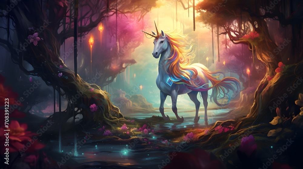 Enchanting Unicorn Fantasy: Rainbow-Maned Unicorn in a Magical Forest - A Whimsical Equine Tale Amidst Nature's Enchantment