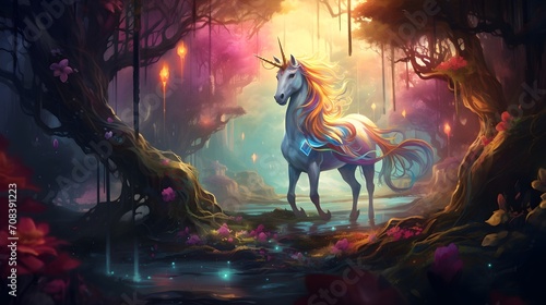 Enchanting Unicorn Fantasy: Rainbow-Maned Unicorn in a Magical Forest - A Whimsical Equine Tale Amidst Nature's Enchantment photo