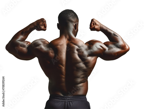 A bodybuilder displaying his strong back muscles.