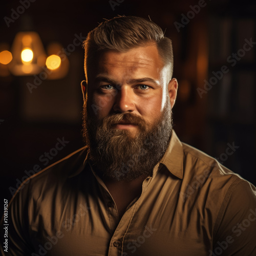 portrait of brutal harsh mature man, beefy rotund handsome male persona. crew cut, full beard. charming guy. earth tones, dark background.