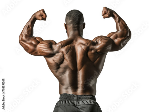 A bodybuilder displaying his strong back muscles.