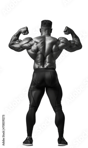 Full body picture of an athletic man flexing his sculpted back muscles.