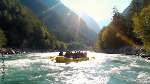 Rafting on large boat on mountain river. Team cohesion, team building. photo