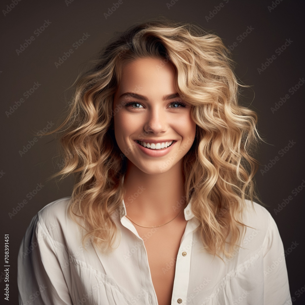 thirty-year-old pleasant woman, portrait. unbuttoned blouse collar, blonde wavy hair, smile, playful look. gentle and kind charming girl. thirty-year-old pleasant woman, portrait. unbuttoned blouse collar, blonde wavy hair, smile, playful look. gentle and kind charming girl.