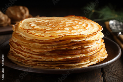 stack of pancakes in close-up on the table. rustic style, dark background.