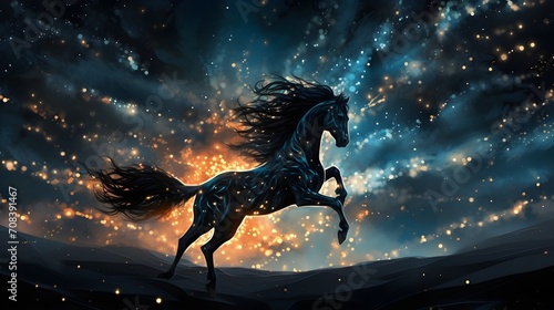 A surreal image of a horse made of stars running across the night sky photo