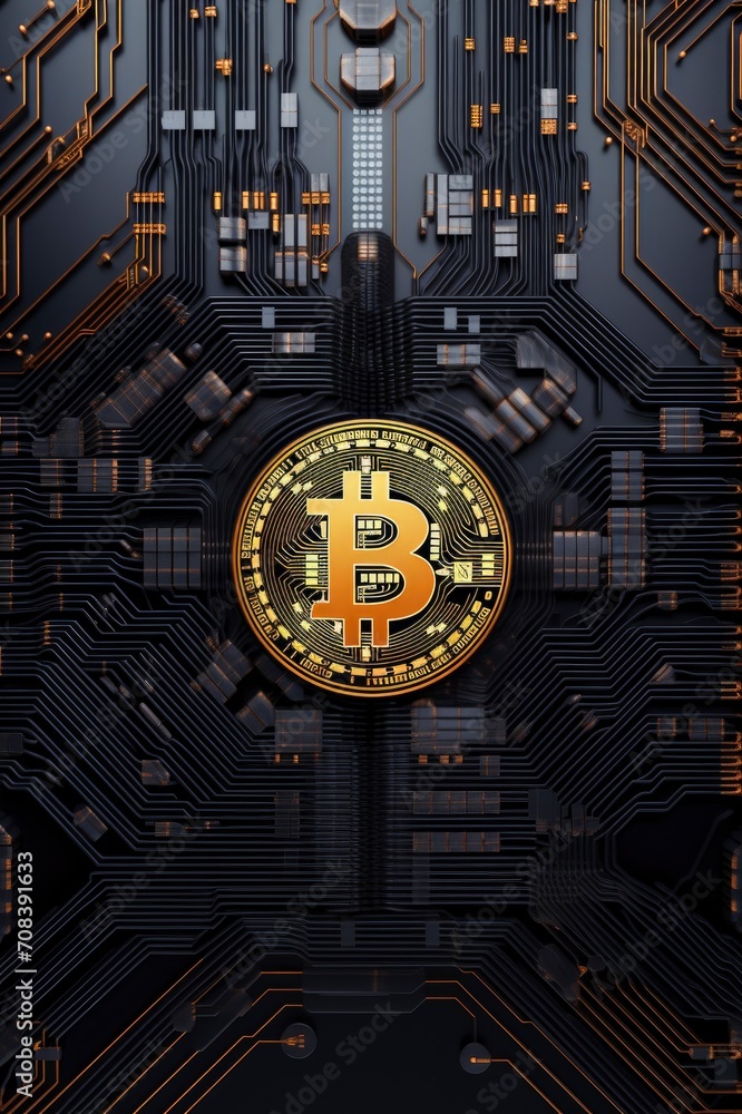 Bitcoin cryptocurrency, circuit background, Generative AI