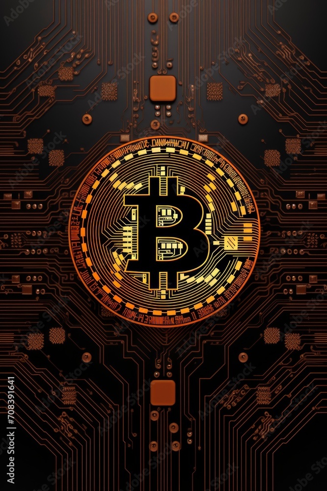 Bitcoin cryptocurrency, circuit background, Generative AI Bitcoin cryptocurrency, circuit background, Generative AI
