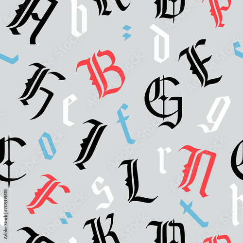 Gothic font seamless pattern. Black alphabet letters seamless pattern in a gothic german font style for white background
