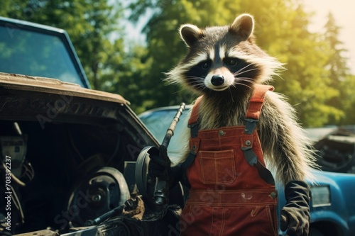Mechanic raccoon in denim overalls, raccoon doing repairs, funny raccoon repairer working class