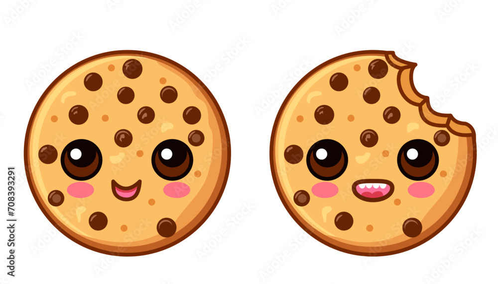 Cute cartoon chocolate cookie character with a funny face. Kawaii chocolate chip cookie character. Happy cookie mascot vector illustration isolated on white. Vector illustration Isolated on white Cute cartoon chocolate cookie character with a funny face. Kawaii chocolate chip cookie character. Happy cookie mascot vector illustration isolated on white. Vector illustration Isolated on white