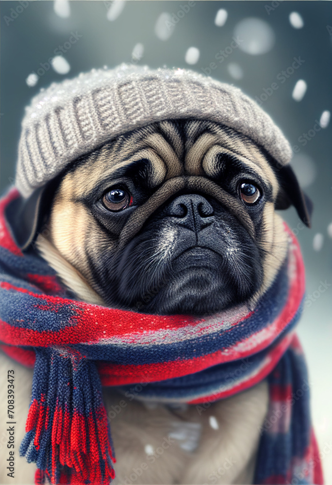 Portrait of a pugr dog in a hat and scarf. AI generated
