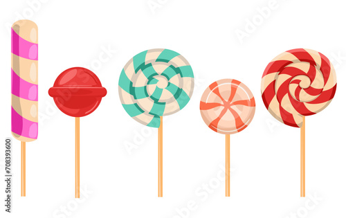Sweet candy lollipops, spiral, round hard sugar candies on stick. Caramel suckers with striped swirls. Colored bonbon on stick with fruit and berry tastes. Vector cartoon set isolated on background
