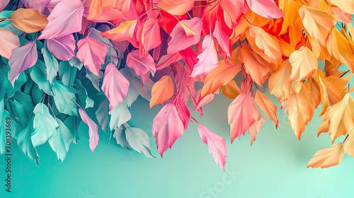Fototapeta Naklejka Na Ścianę i Meble -  Elegant colorful with vibrant leaves hanging branches illustration background. Bright color 3d abstraction wallpaper for interior mural, Generated by AI	
