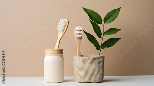 No plastic concept. Top view photo of jar with toothpaste natural cosmetics soap dental floss toothbrushes hair brush cotton buds green plant leaves and wooden stands on isolated beige background
