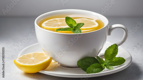 tea in a white mug with lemon and mint on an isolated white background