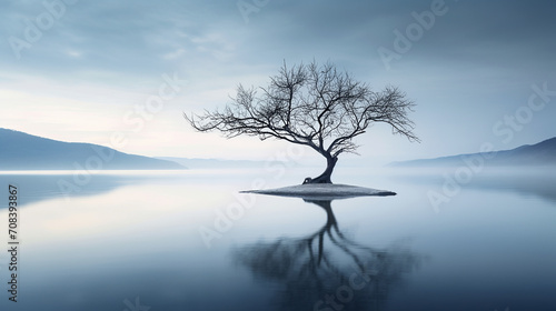 Lonely tree in midst of bleak lake creates melancholic atmosphere evoking sense of isolation, decay and passage of time, beauty in melancholic solitude and passage of time