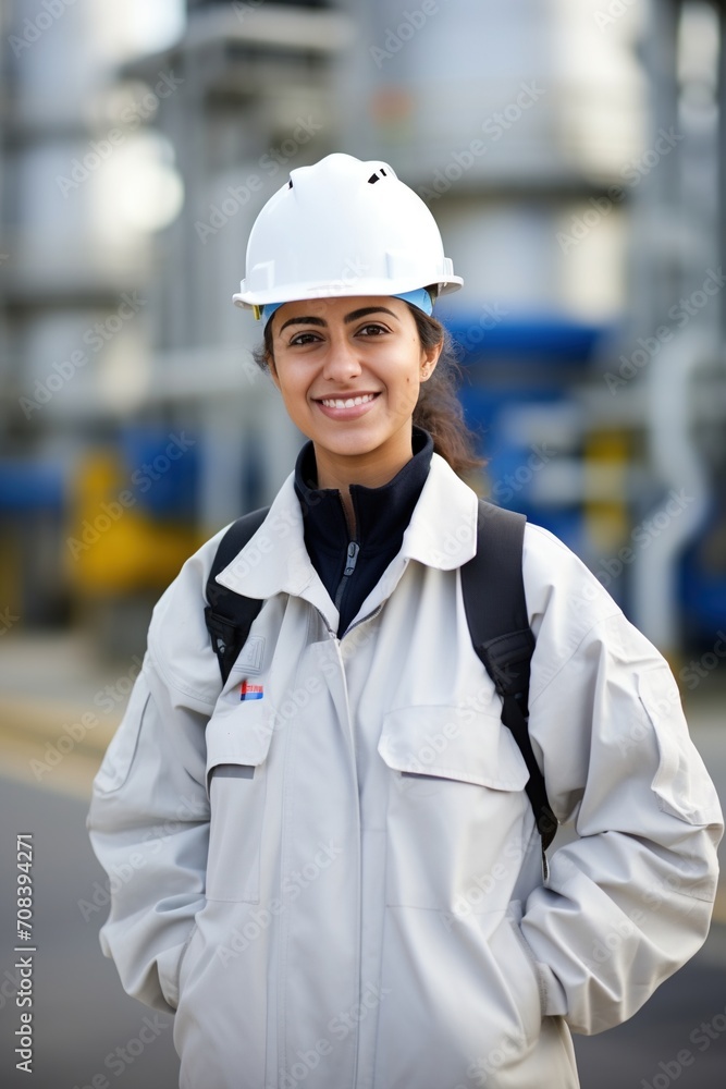 A female chemical engineer wearing a hard hat and safety glasses smiles at the camera A female chemical engineer wearing a hard hat and safety glasses smiles at the camera