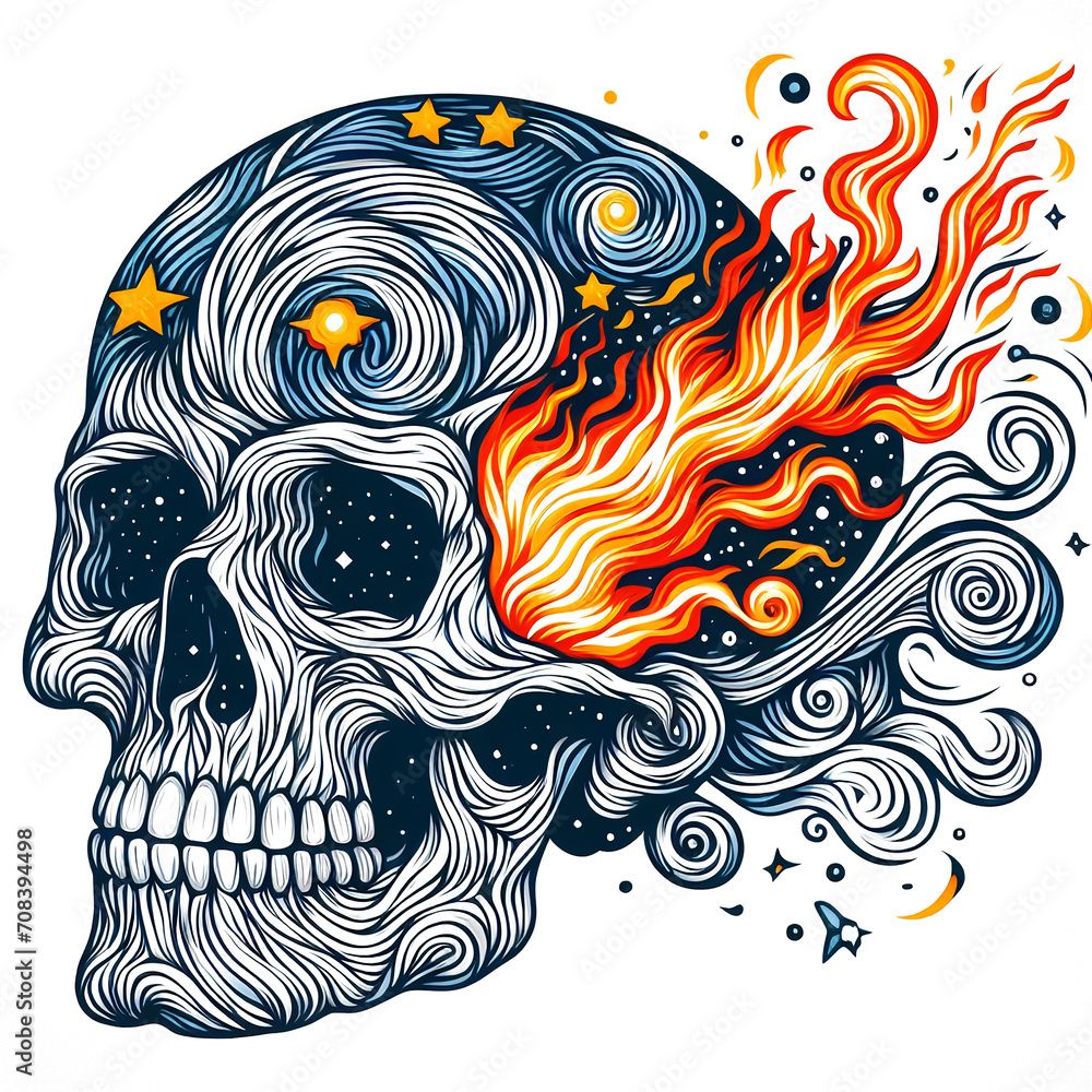 Starry skull with fire illustration, design element for tattoo, t shirt, logo, poster, card, banner, emblem Starry skull with fire illustration, design element for tattoo, t shirt, logo, poster, card, banner, emblem