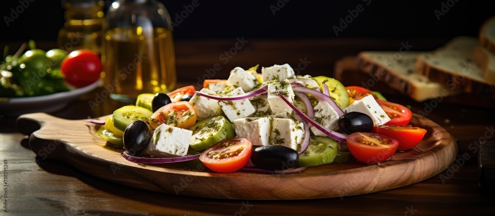 Greek salad with vegetables, feta cheese, and olive oil on a table.