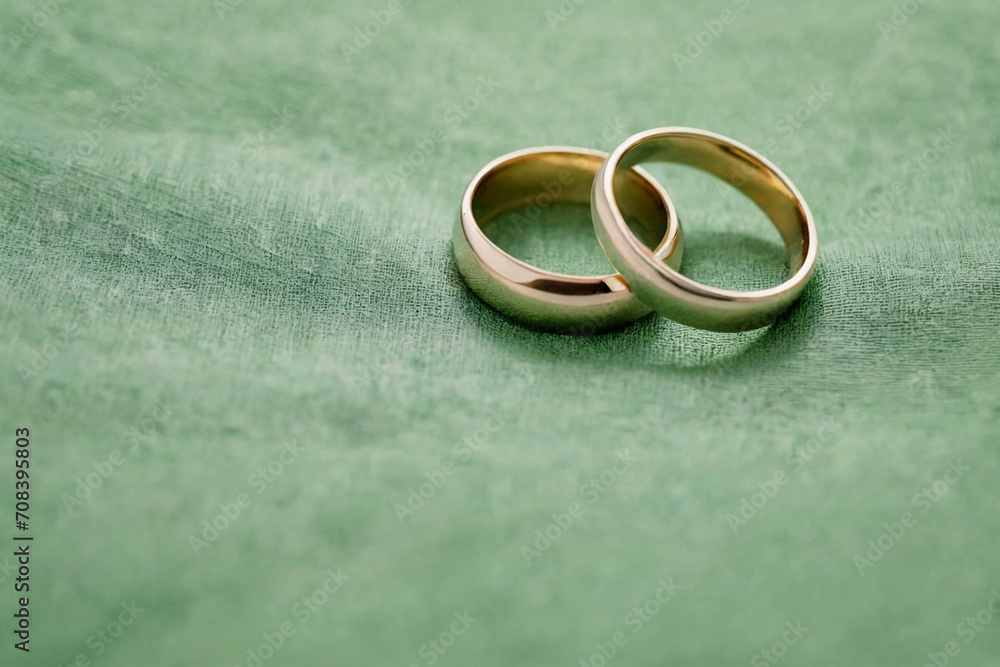 Two simple wedding rings resting on a precious green fabric Two simple wedding rings resting on a precious green fabric
