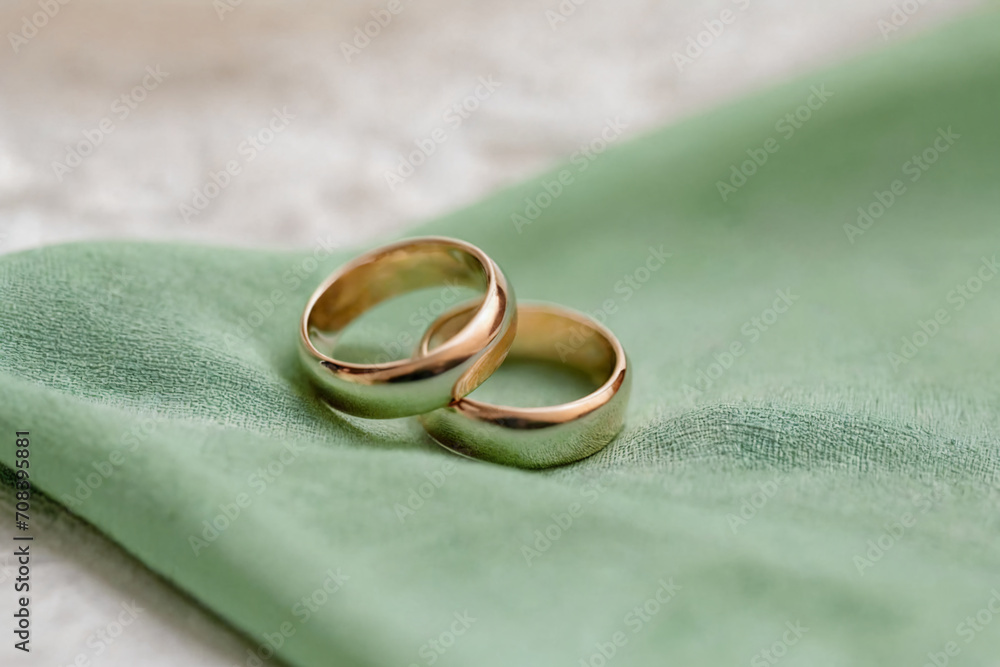 Two simple wedding rings resting on a precious green fabric Two simple wedding rings resting on a precious green fabric