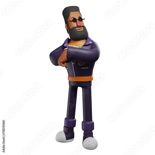    3D illustration. 3D Cartoon Design of Cool Bearded man wearing a leather jacket. showing a cool poetry style, wearing cool sunglasses. 3D Cartoon Character