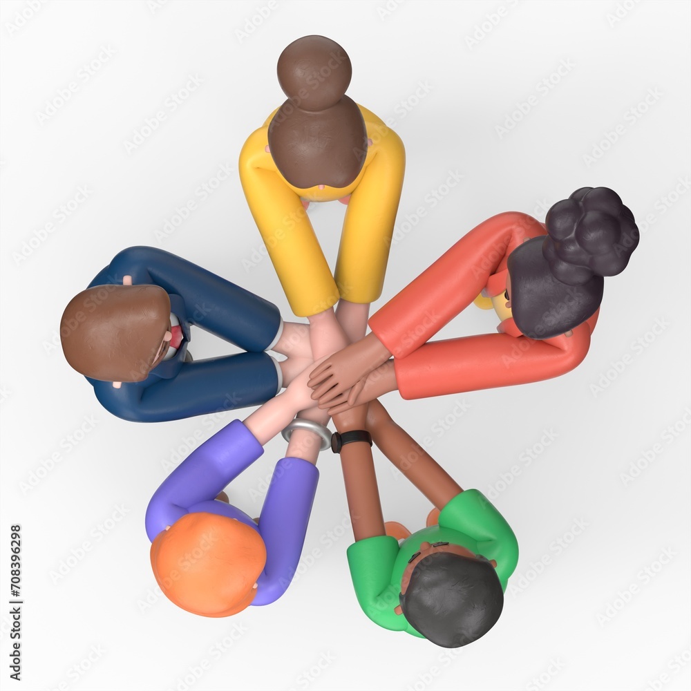 Friendly team hand on hand support motto. Office table top view business flat web infographic concept 3d. Staff around table working. Creative people collection.3D rendering on white background.
