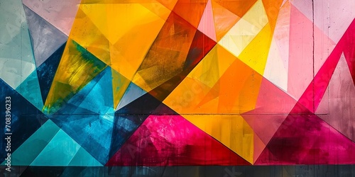 A dynamic composition of intersecting triangles and vibrant colors, creating a sense of movement and depth.