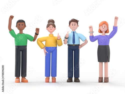 Business manager team celebrating successful. 3d illustration achievement people, together, Thumbs up, Happy flat cartoon design.3D rendering on white background.
