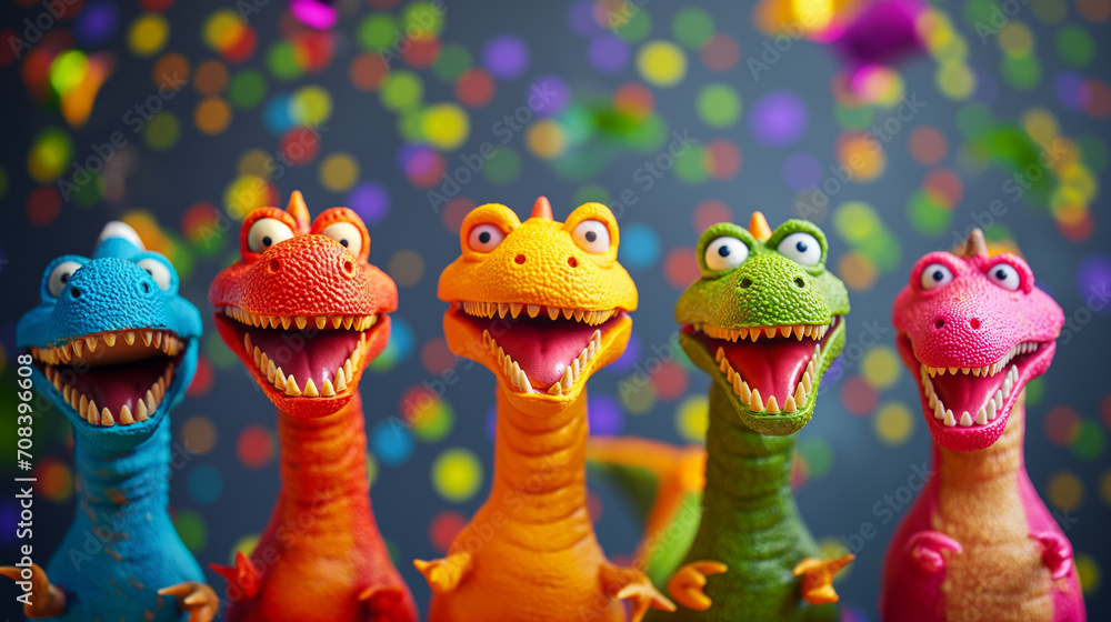 Dinosaurier Grußkarte Kartenmotiv für Geburtstagsfeier mit lustigen fröhlichen lachenden Dinos mit Partyhut Konfetti und Luftschlangen Generative AI