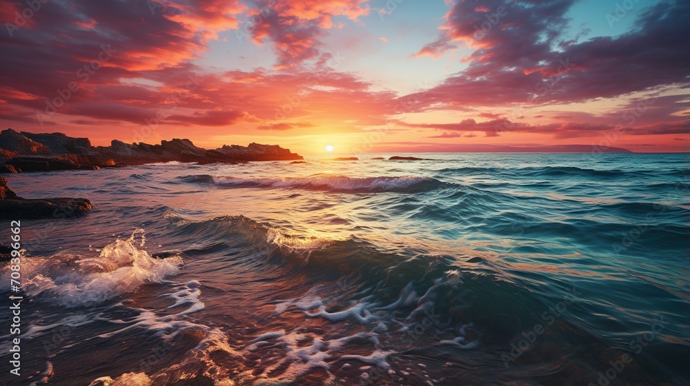 Vibrant sunset over the ocean with rocky coast